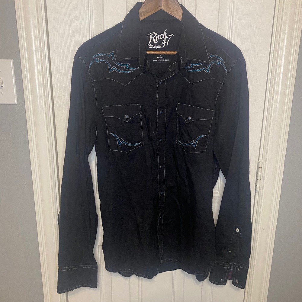 Wrangler Rock 47 Mens Large Black Western Snap Shirt Blue Embroidery Cowboy
